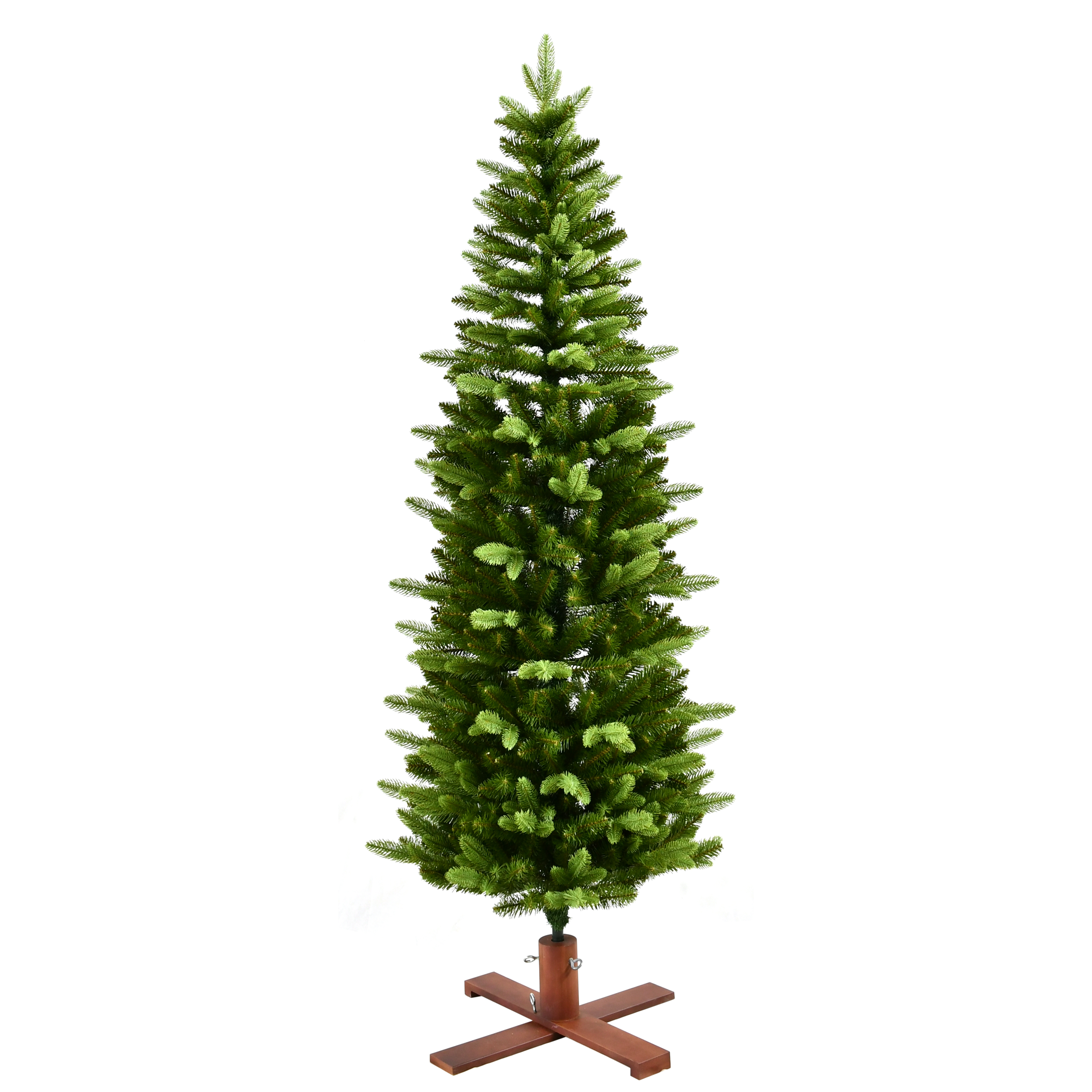 kunstkerstboom kopen – extra slanke pencil kerstboom met houten voet (183 cm) 🎄