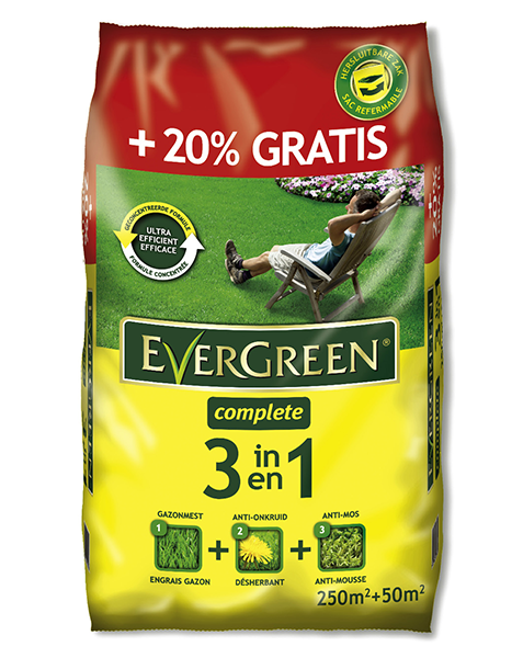 Evergreen complete 3 in 1 gazonmest tegen onkruid en mos 250 + 50m²