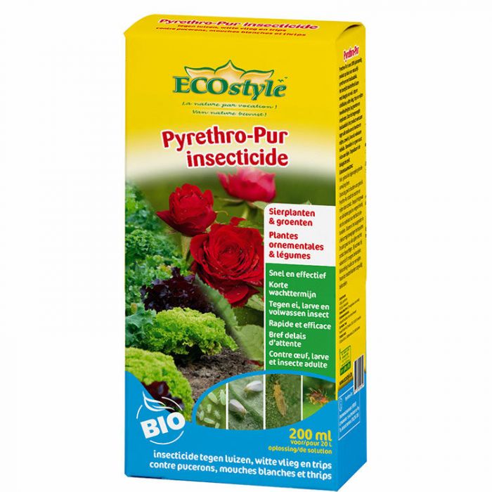 ECOstyle Pyrethro-Pur biologisch insecticide: Snelle en effectieve bestrijding van bladluizen, witte vlieg en trips op sierplanten en groenten. Korte wachttijd voor consumptie.