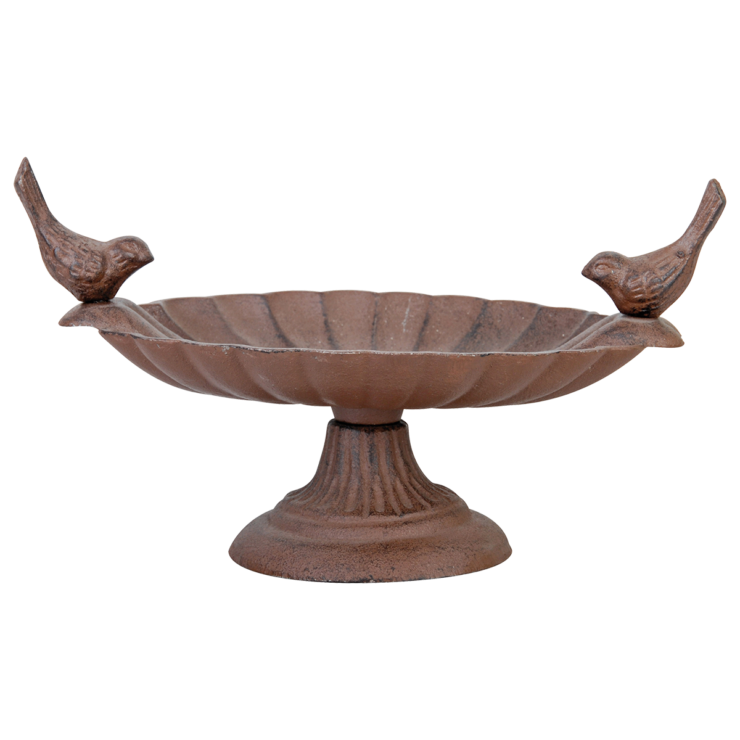 Gietijzeren vogeldrinkbak op voet, 13 cm hoog, decoratief en functioneel voor watervoorziening of voer in de tuin.