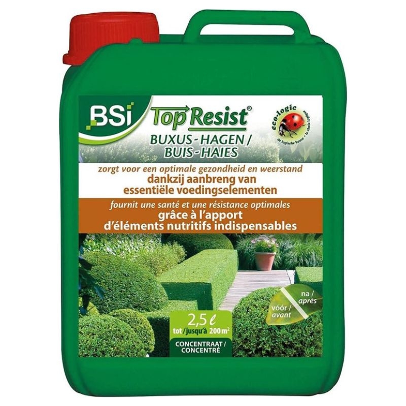 Ecologische meststof BSI Top Resist voor het versterken van buxus en hagen tegen ziekten en plagen.