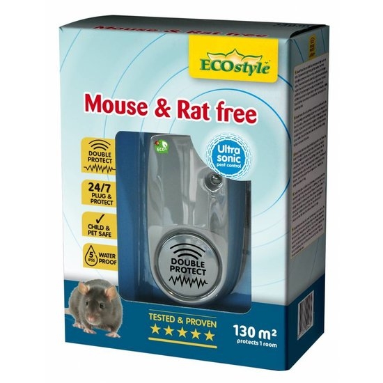 De verpakking van de Ecostyle Mouse & Rat Free, een ultrasone verjager voor muizen en ratten.