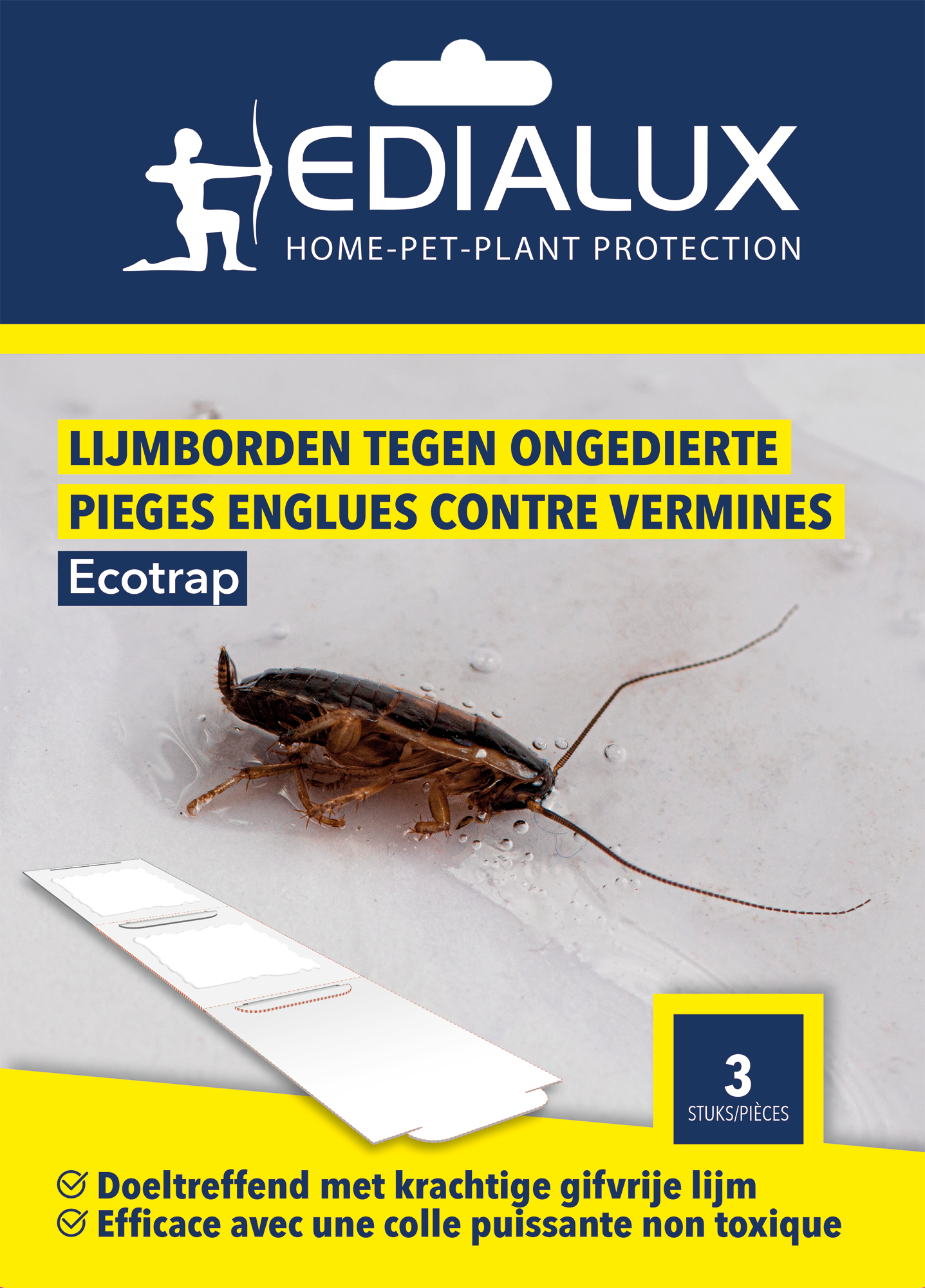 Edialux Ecotrap lijmval tegen ongedierte en plaagdieren - set van 3 stuks, effectieve en gifvrije oplossing voor het vangen van plaagdieren en insecten