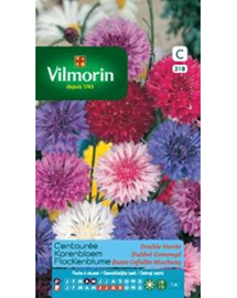 Zakje Vilmorin bloemzaden voor dubbel gemengde korenbloemen in verschillende kleuren, zoals roze, paars, wit en blauw.
