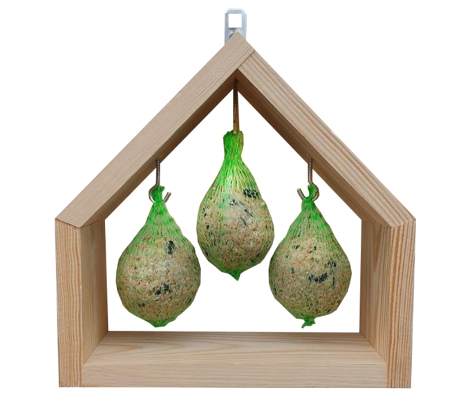 Houten mezenbolhouder in huisjesvorm