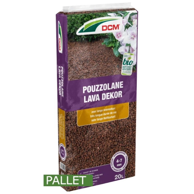 Bescherm uw planten en geef uw tuin een mooie uitstraling met dit pallet DCM Lava Dekor Pouzzolane BIO lavakorrels (60 zakken van 20L).
