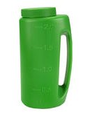 Groene handstrooier voor meststoffen met een inhoud van 1,5 kg, voorzien van een handvat en maatverdeling.