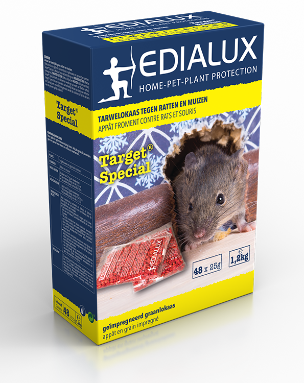 Een gele doos met Edialux Target Special muizengif in graanlokaas, effectief tegen muizen en ratten.