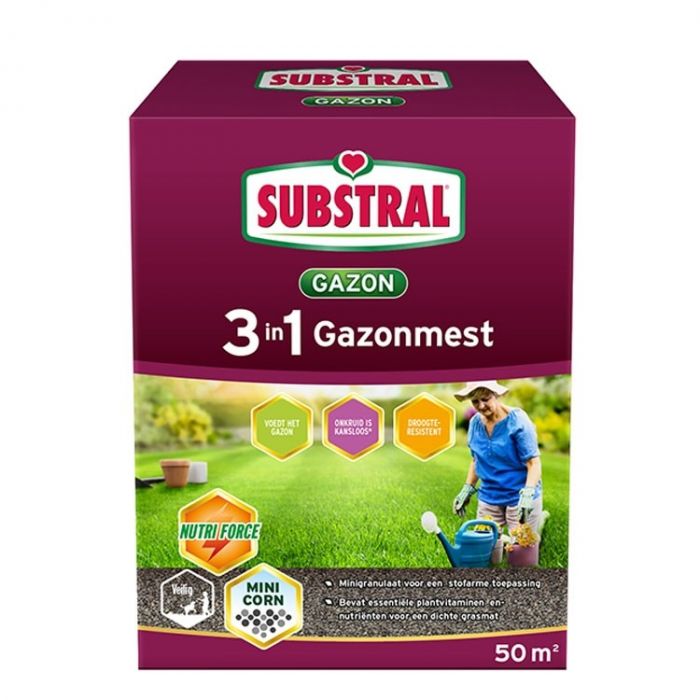 Versterk uw gazon met Substral 3-in-1 gazonmest, een meststof met Nutri Force en Mini Corn technologie voor een optimaal resultaat (50 m²)