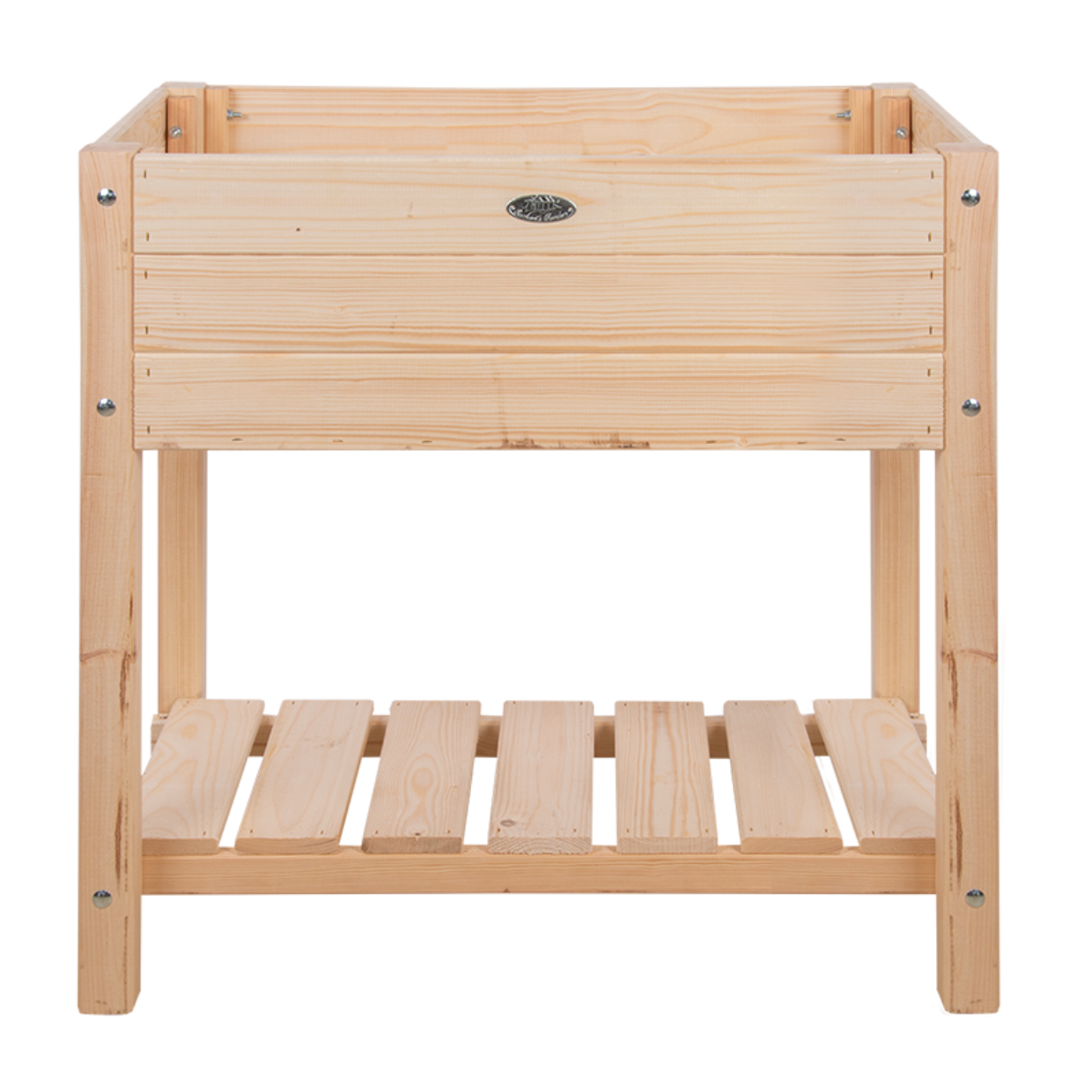 Een lege verhoogde plantenbak van hout, met een lattenbodem en een plank eronder voor extra opbergruimte.