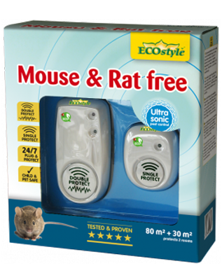 De verpakking van de Ecostyle Mouse & Rat Free Ultrasoon Duo Pack, met twee ultrasone verjagers en een afbeelding van een muis.