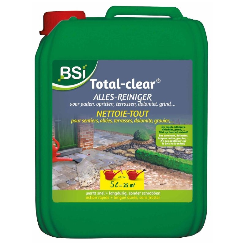 BSI Total-Clear allesreiniger voor het verwijderen van zwarte aanslag en groene aanslag op tegels, opritten en terrassen.