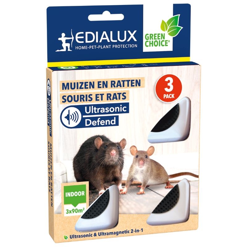 Edialux Ultrasonic Defend Medium: Een wit, driehoekig apparaat met een zwarte luidspreker, ontworpen om muizen en ratten binnenshuis te verjagen met ultrasone geluiden en elektromagnetische pulsen.