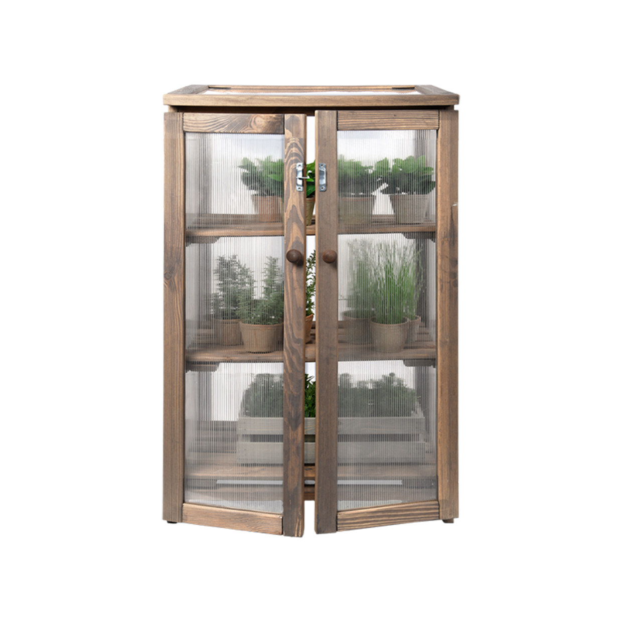 Een houten mini-kas met open deuren, met daarin verschillende planten op planken.