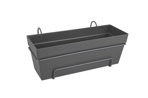 Antracietkleurige Elho Loft Urban balkonbak All-in-1 (50 x 17 cm).  Met waterreservoir en hangsysteem, ideaal voor elk balkon. Online-tuincentrum.be