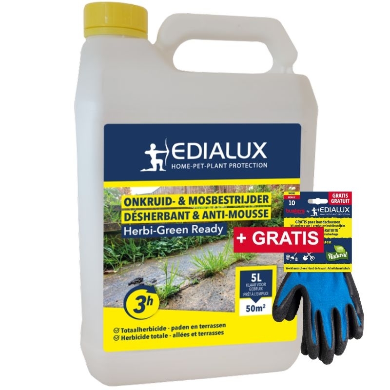 Edialux Herbi-Green Ready onkruid- en mosbestrijder (5L) met gratis tuinhandschoenen - effectief tegen onkruid en mos op paden en terrassen.