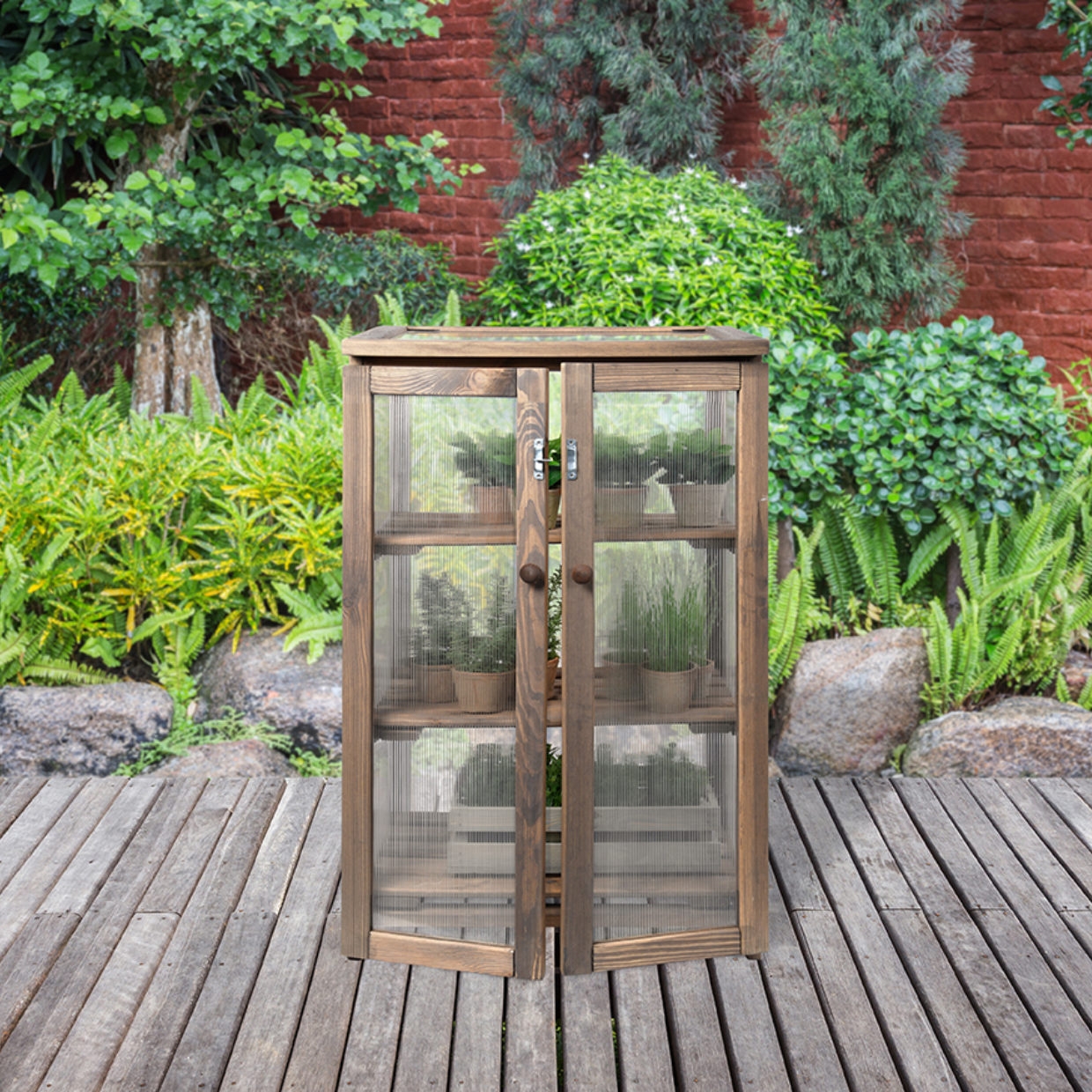 Een houten serre met openslaande deuren en glazen panelen, waarin verschillende planten staan uitgestald op planken.