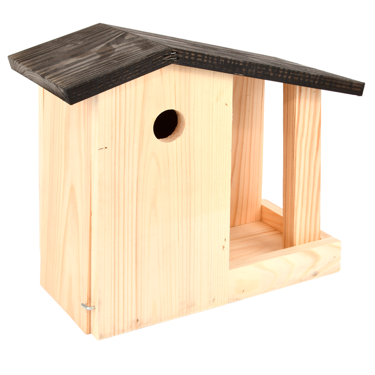 Een houten vogelhuisje met een donker dak en een geïntegreerde voedertafel, ideaal voor pimpelmezen, ringmussen en huismussen.