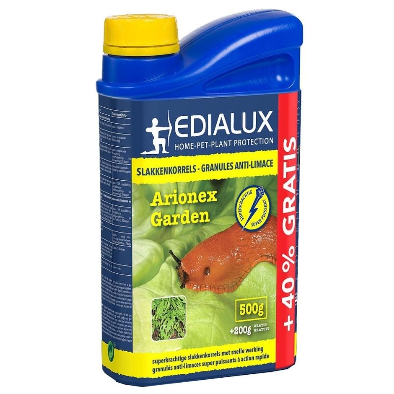 Krachtige slakkenkorrels Arionex Garden, 500g + 200g gratis, in een handige strooibus met doseerdop.