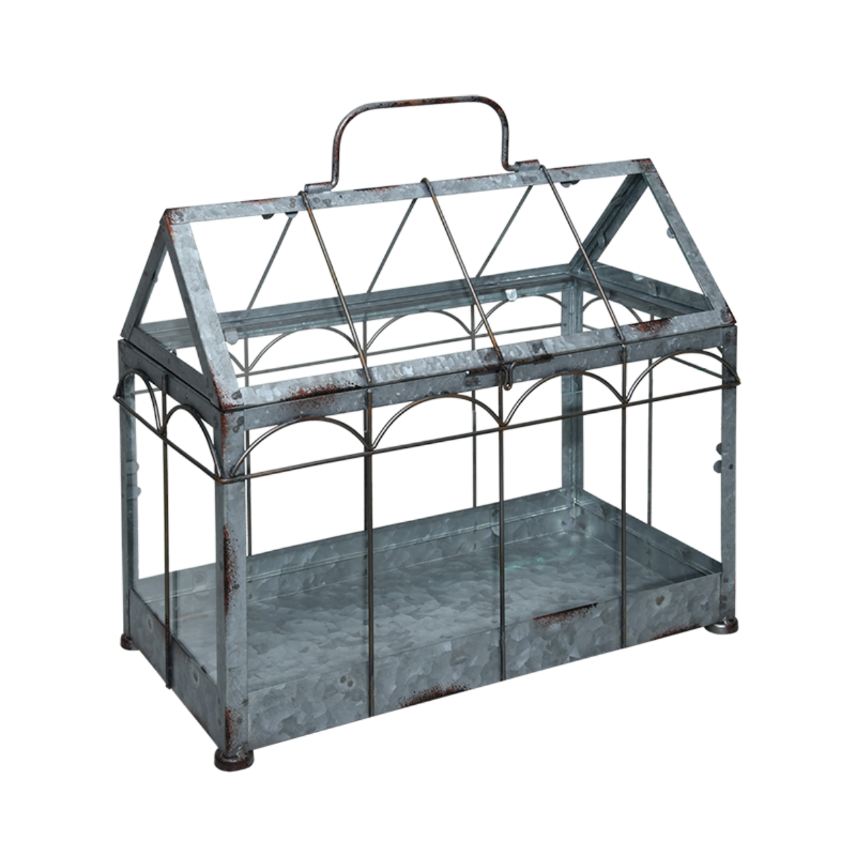 Een kleine, rechthoekige kweekkas met een metalen frame en glazen panelen, ideaal voor binnen of buiten.