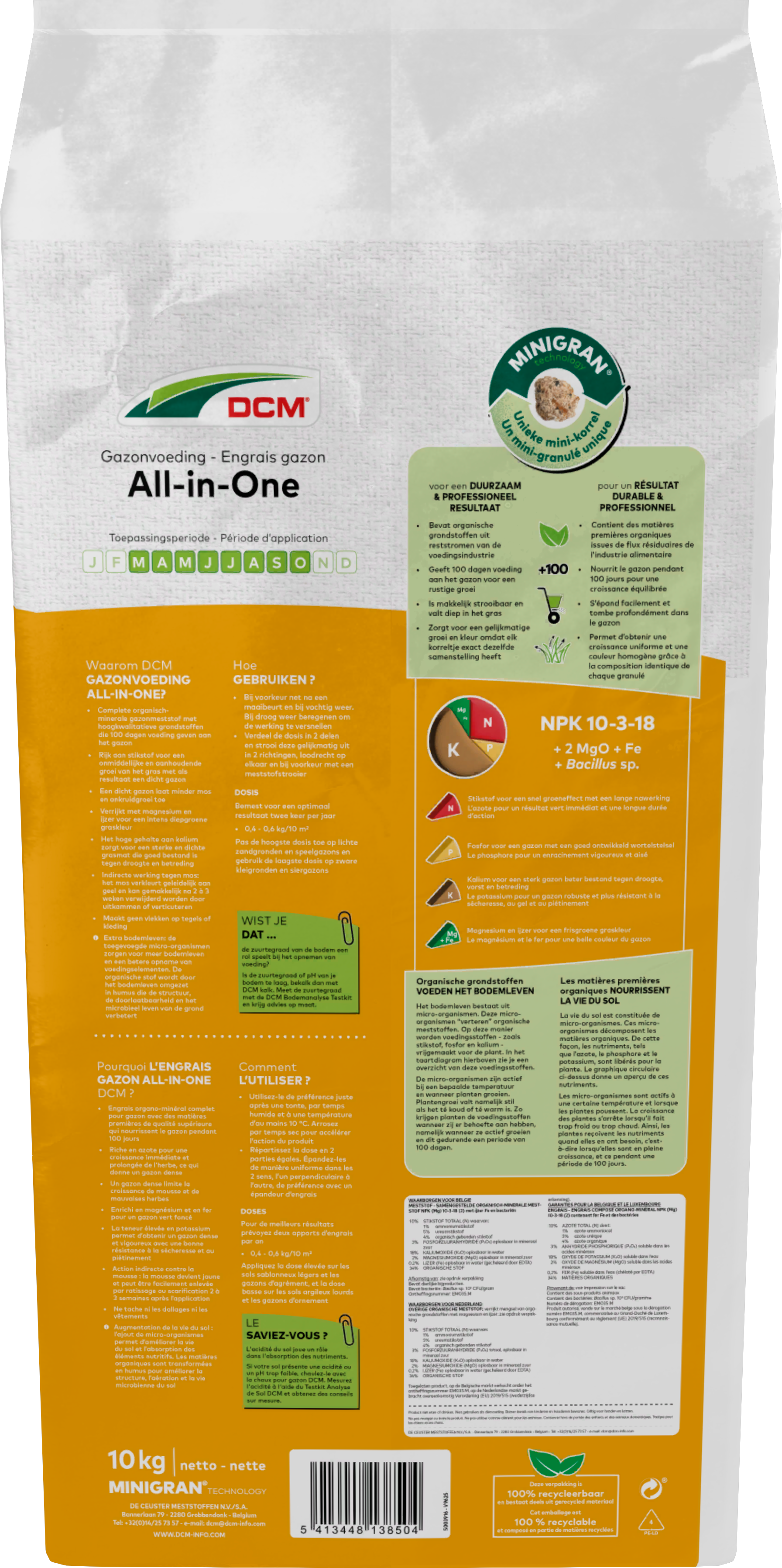 Organische gazonmeststof van DCM, All-in-One, voor een gezond en groen gazon met minder onkruid en mos (10kg, 200m²).