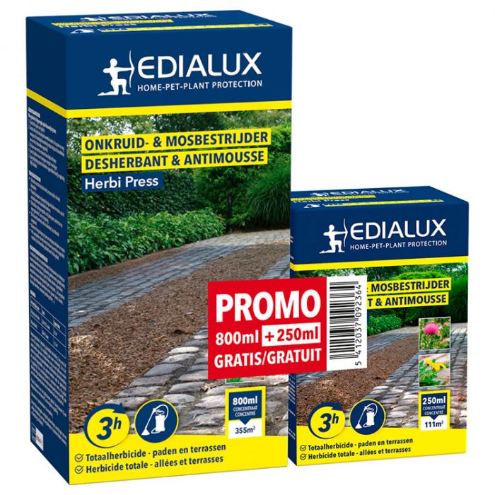 Twee flessen Edialux Herbi Press onkruidverdelger, één van 800 ml en één van 250 ml gratis.