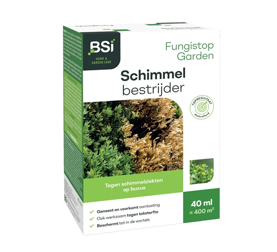 Een groene doos met het BSI logo en de naam "Fungistop Garden". Het product wordt omschreven als een "Schimmel bestrijder" en is bedoeld voor gebruik tegen schimmelziekten op buxus. De verpakking toont een afbeelding van een aangetaste buxusplant.