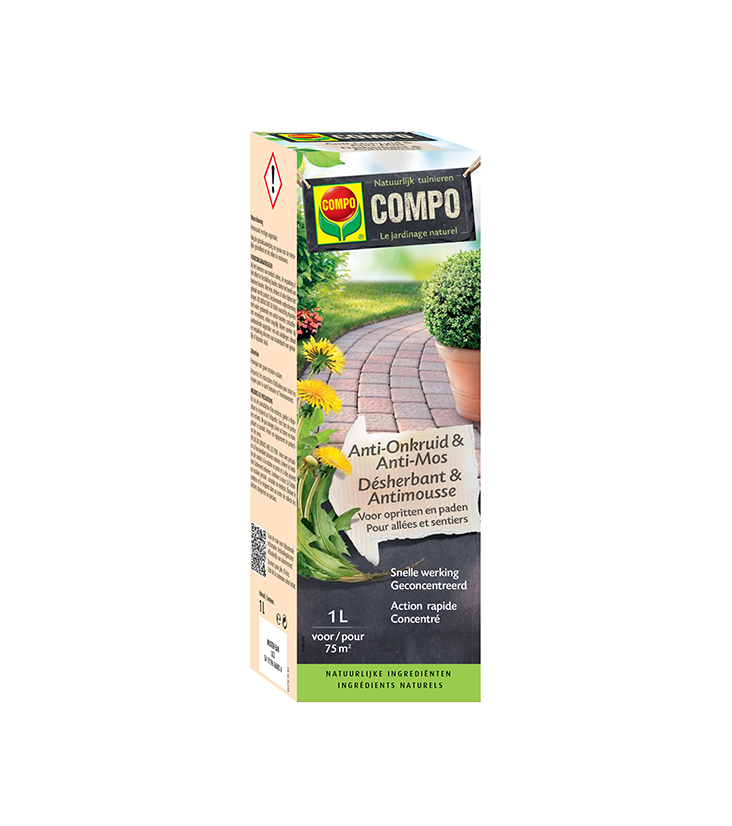 COMPO Anti-Onkruid & Anti-Mos: Effectieve bestrijding van onkruid en mos op opritten, paden en terrassen.