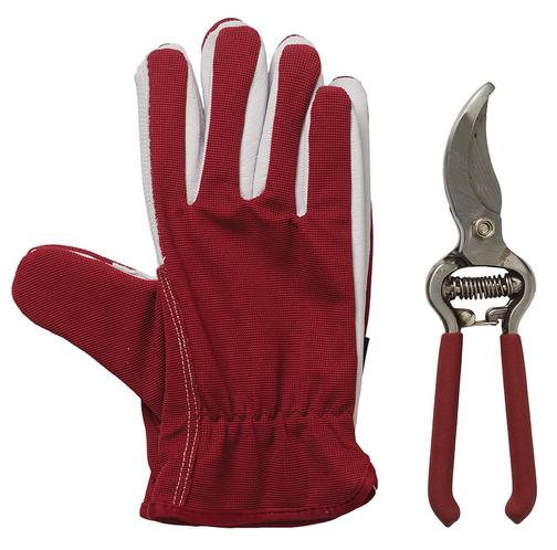 Snoeiset Tuinhandschoenen leer met snoeischaar medium
