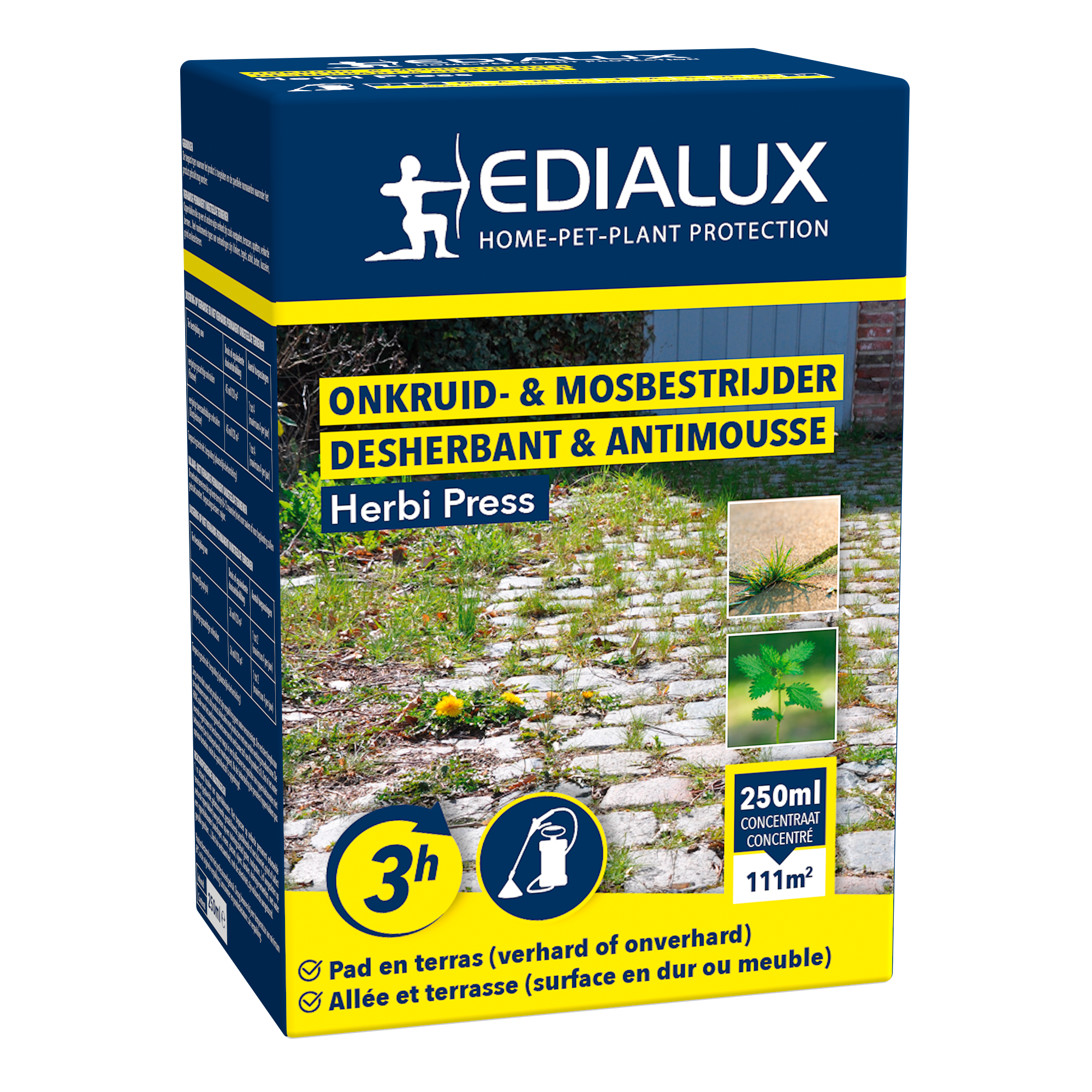 Edialux Herbi Press onkruid- en mosbestrijder: Effectief tegen onkruid en mos op paden en terrassen. 250ml concentraat voor 111m²