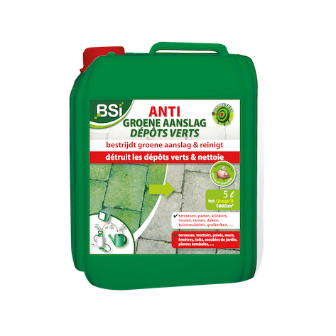 Groene jerrycan van 5 liter BSI Anti Groene Aanslag, een geconcentreerde reiniger voor het verwijderen van groene aanslag op diverse oppervlakken.