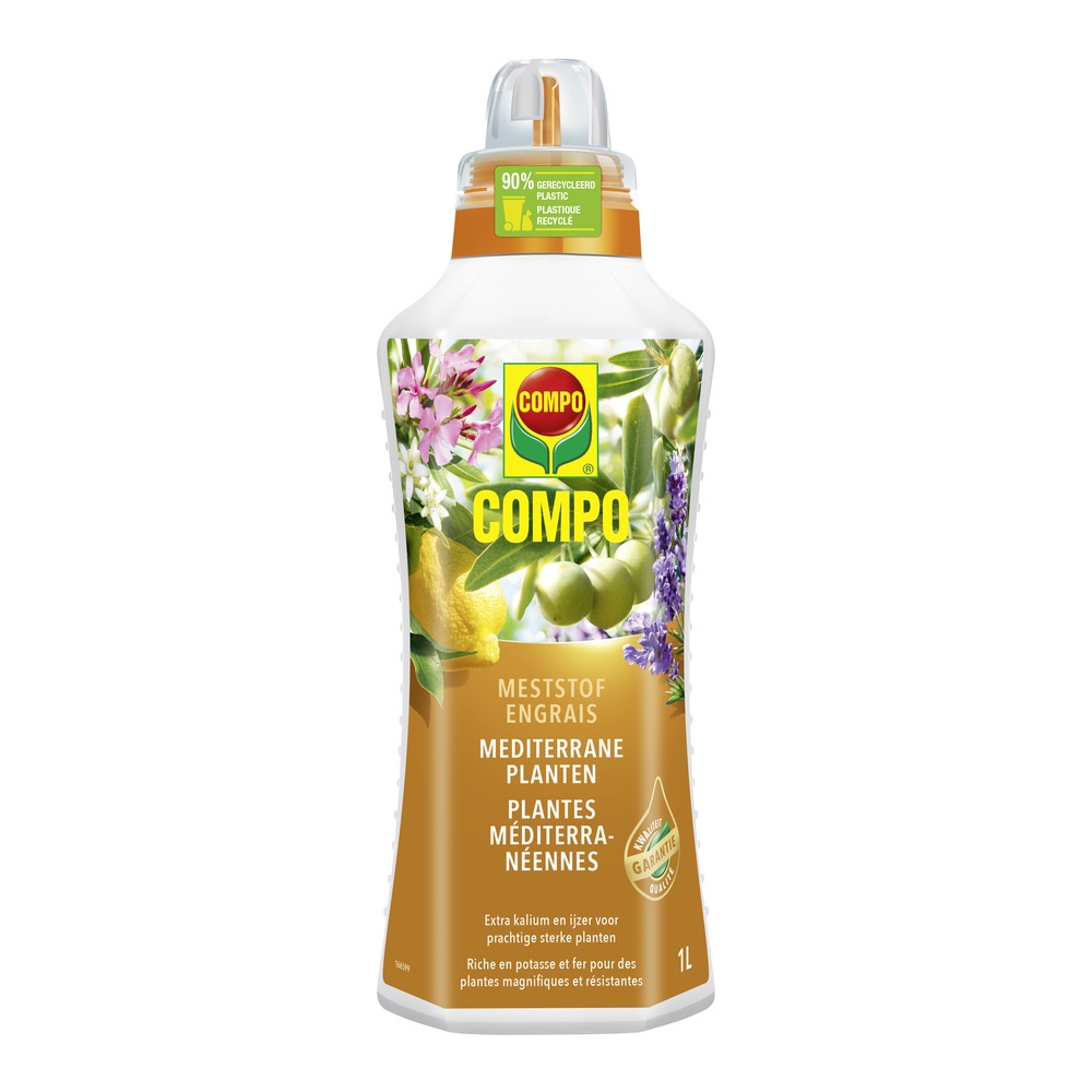Rode fles Compo Vloeibare Meststof voor Mediterrane & Kuipplanten, 1 liter, met een handige doseerdop.