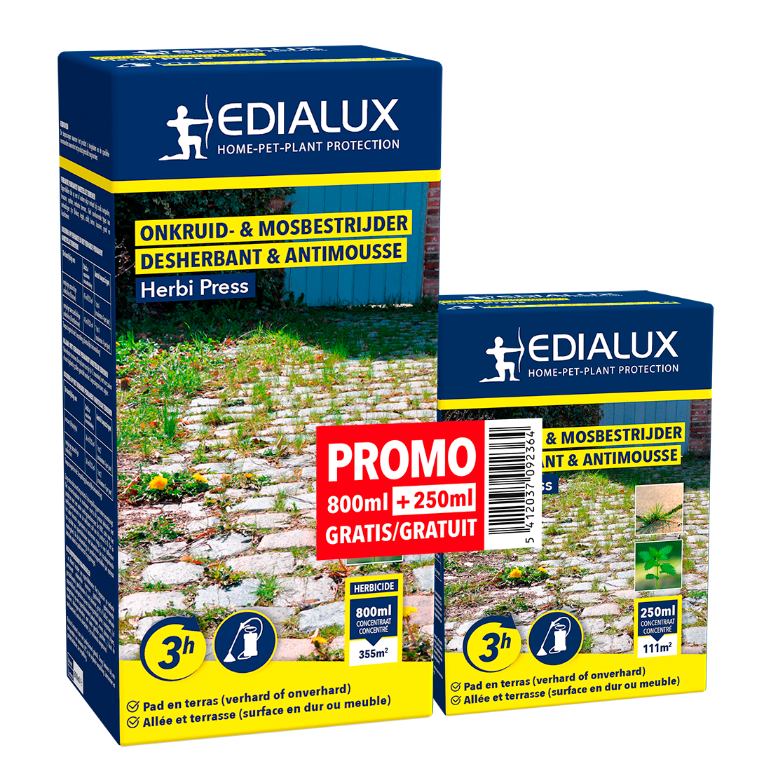 Edialux Herbi Press: Effectieve onkruid- en mosbestrijder voor paden en terrassen, met gratis 250ml fles bij aankoop van 800ml
