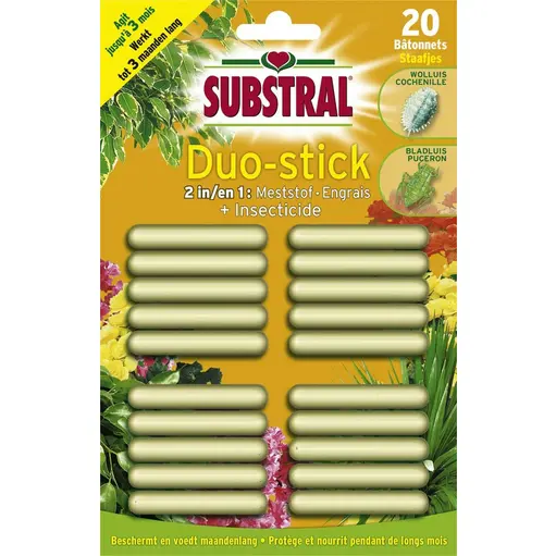 Verpakking van Substral Duo-stick meststofstaafjes met insecticide voor kamer- en terrasplanten.