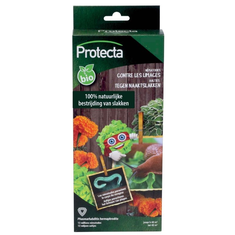 Een verpakking van Protecta aaltjes tegen naaktslakken, met een afbeelding van een tuin met bloemen en een slak.