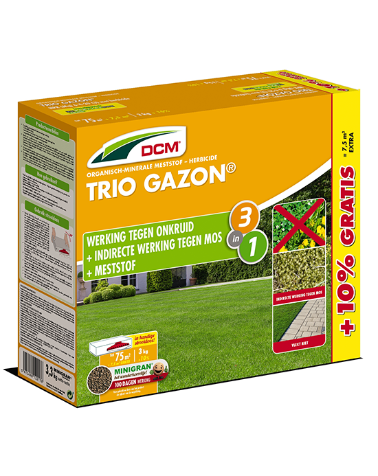 DCM Meststof Gazon Trio tegen mos en onkruid 3kg + 10% 