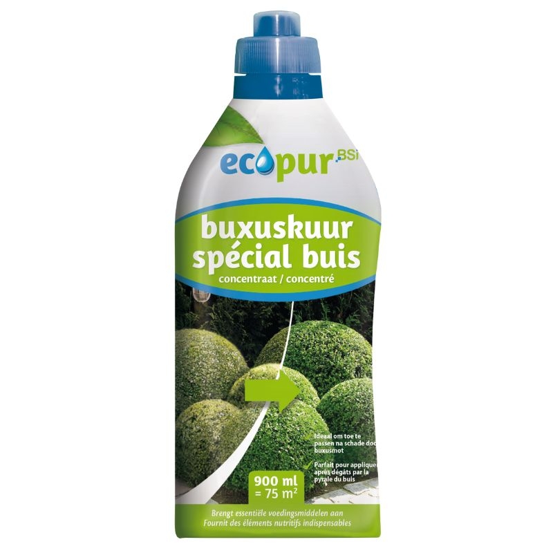Geef uw buxusplanten een boost met Ecopuras Buxuskuur, een geconcentreerde meststof voor een sterke en gezonde groei. (900ml voor 75m²)