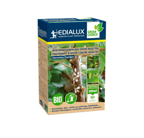 Edialux Vernotex Garden (500ml): Biologische winterbehandeling tegen overwinterende insecten zoals spint, dopluis en schildluis op sierplanten.