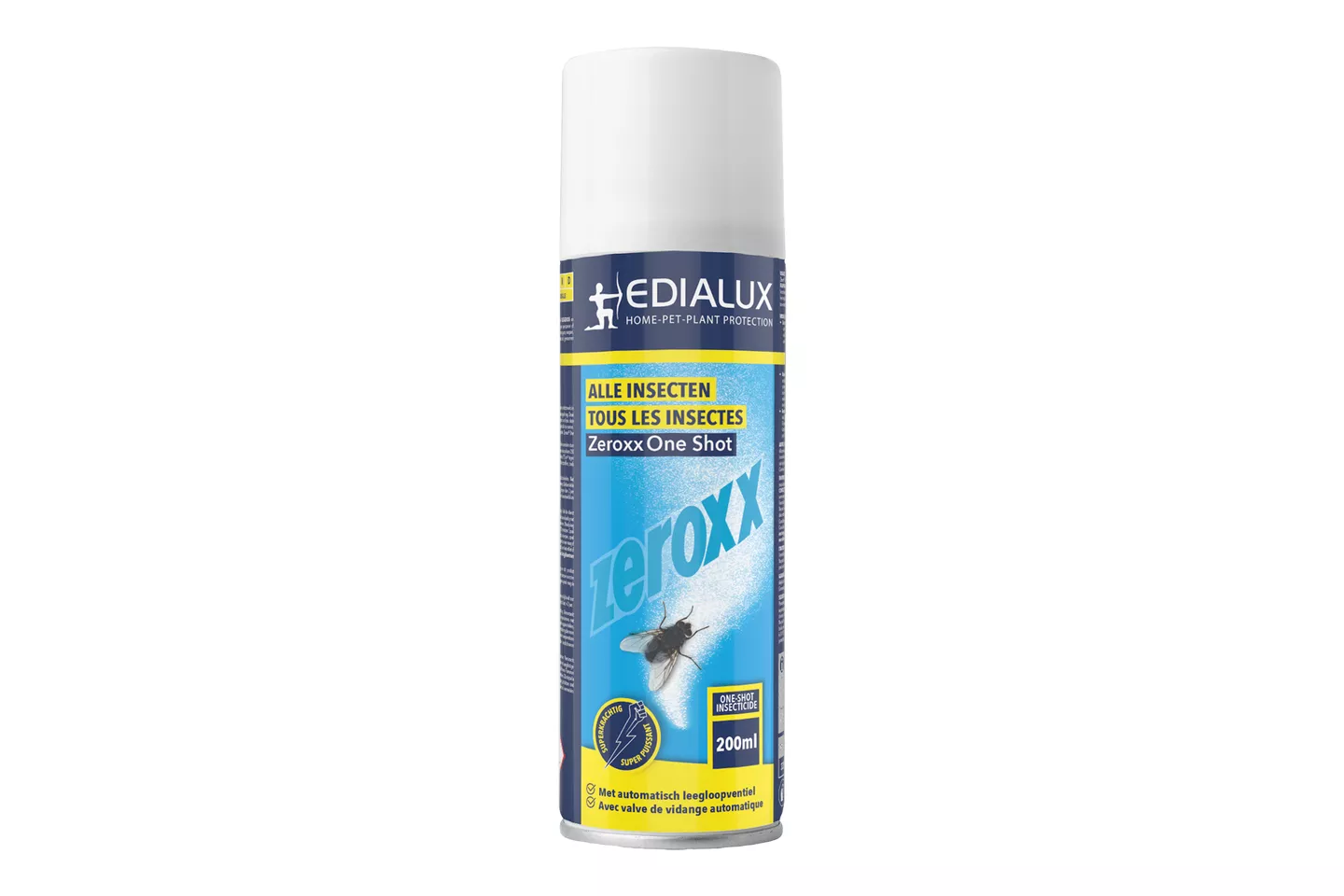 Een witte spuitbus van Edialux Zeroxx One Shot insecticide, met een inhoud van 200 ml, bedoeld voor alle insecten.