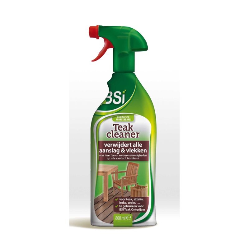 Groene spuitfles met BSI Teak Cleaner (800ml) voor het reinigen en verwijderen van vlekken op teakhouten tuinmeubelen.