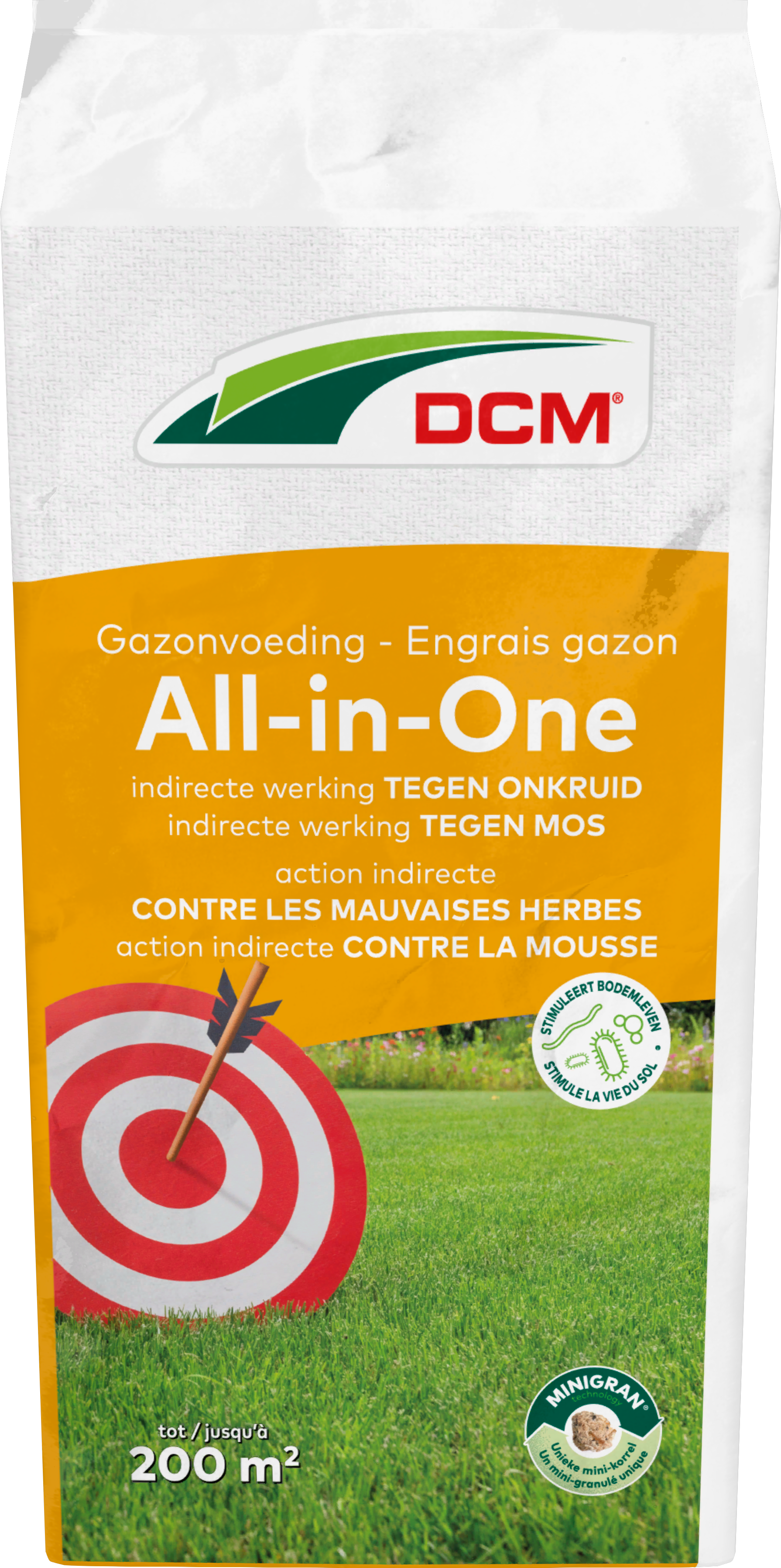 Groene zak DCM Gazonvoeding All-in-One, 10 kg, voor een dicht, groen gazon en indirecte bestrijding van onkruid en mos (200m²).