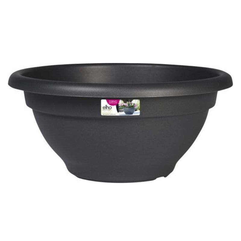Elegante, antracietkleurige bloempot (Elho Torino Bowl) met een diameter van 40cm, perfect voor op de tuintafel.