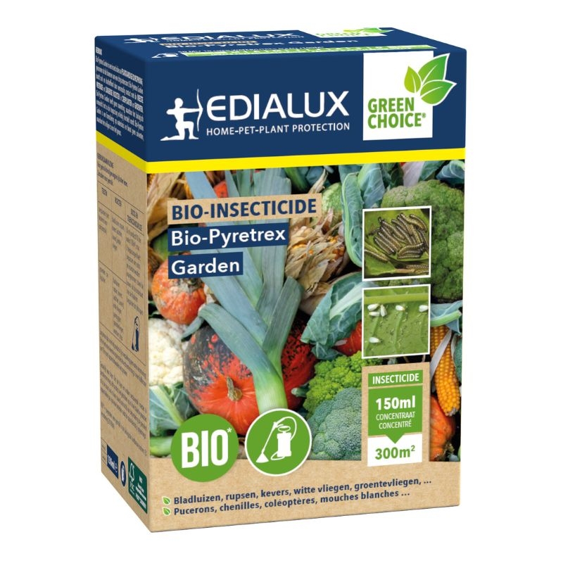 Edialux Bio-Pyretrex Garden - biologische insecticide voor 300 m², effectief tegen bladluizen en rupsen.