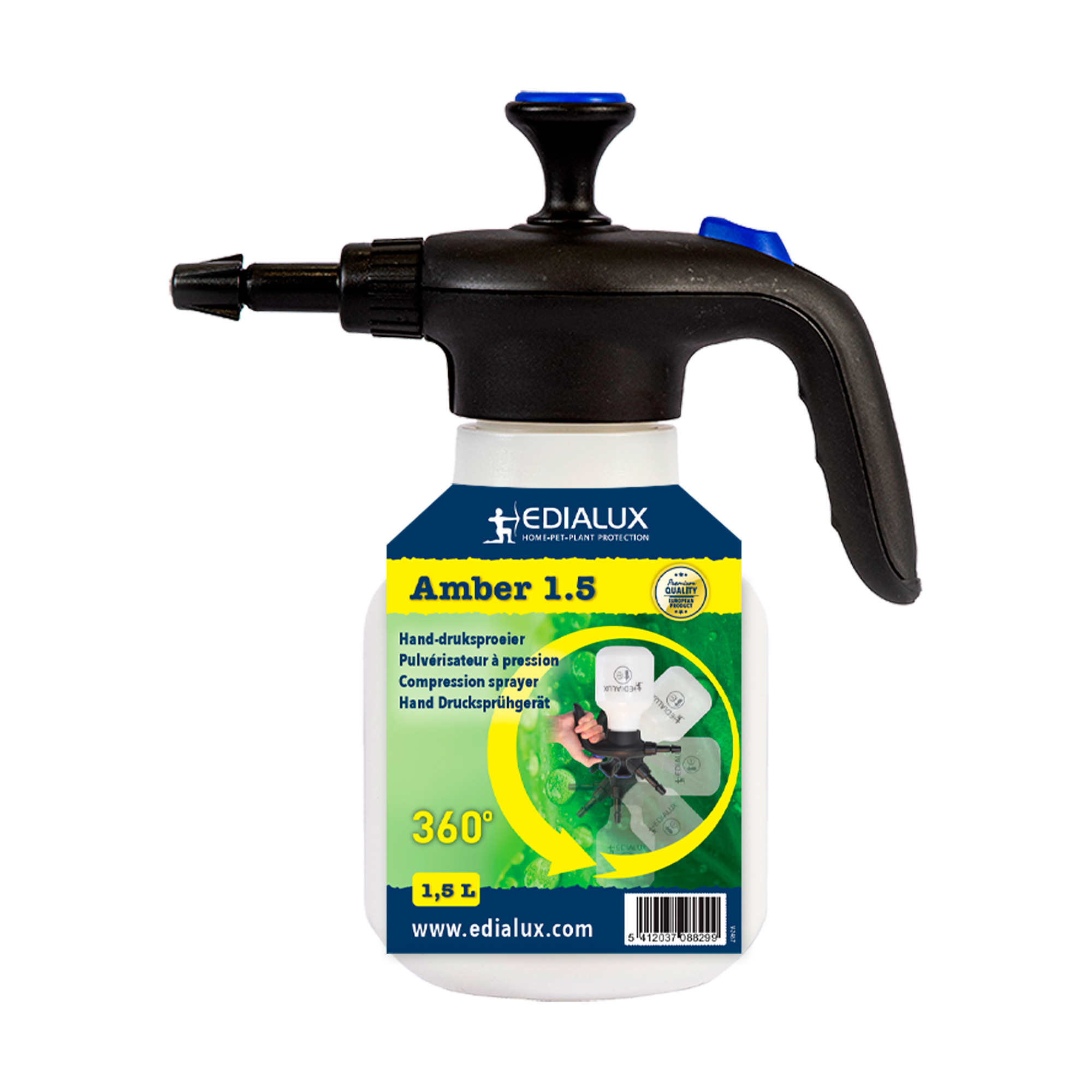 Edialux Amber 1.8 handspuit: Veelzijdige drukspuit met een inhoud van 1.8 liter, ideaal voor tuinieren en schoonmaak. 360° sproeifunctie