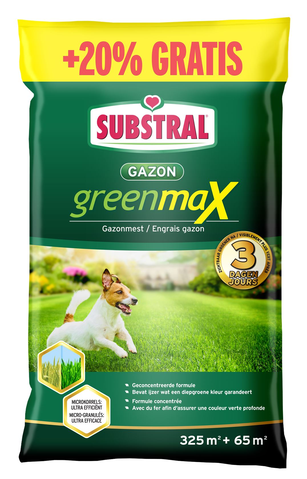 Substral Greenmax gazonmest: Meststof voor een diepgroen gazon in 3 dagen, met 20% extra gratis (325m² + 65m²)