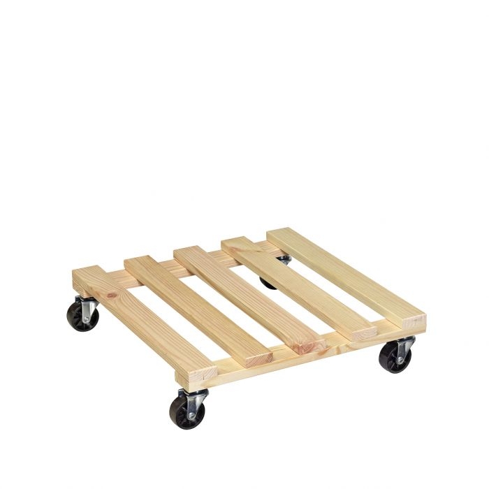 Een stevige, vierkante houten plantentrolley met vier zwenkwielen, geschikt voor grote plantenpotten tot 120 kg. Afmetingen: 380 mm x 380 mm x 103 mm.