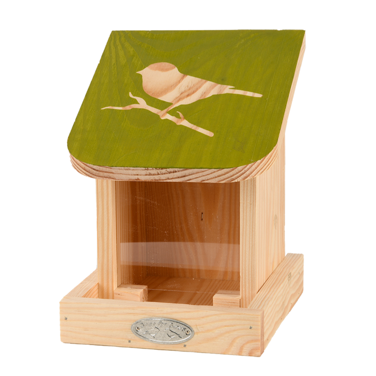 Een houten vogelvoederhuis met een groen dak met daarop een vogel silhouet. Het huisje heeft een doorzichtige voorkant en een plateau voor het plaatsen van vogelvoer.