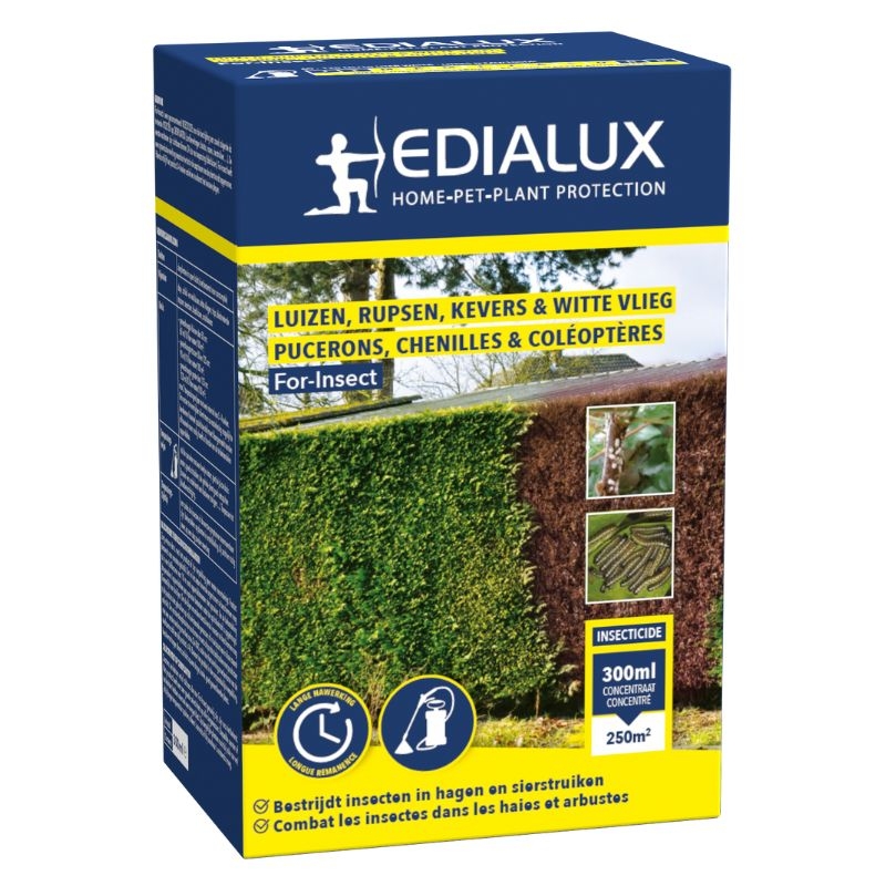 Blauwe doos met Edialux For-Insect insecticide (300ml), effectief tegen diverse insecten op sierplanten en hagen, waaronder de beukenwolluis.