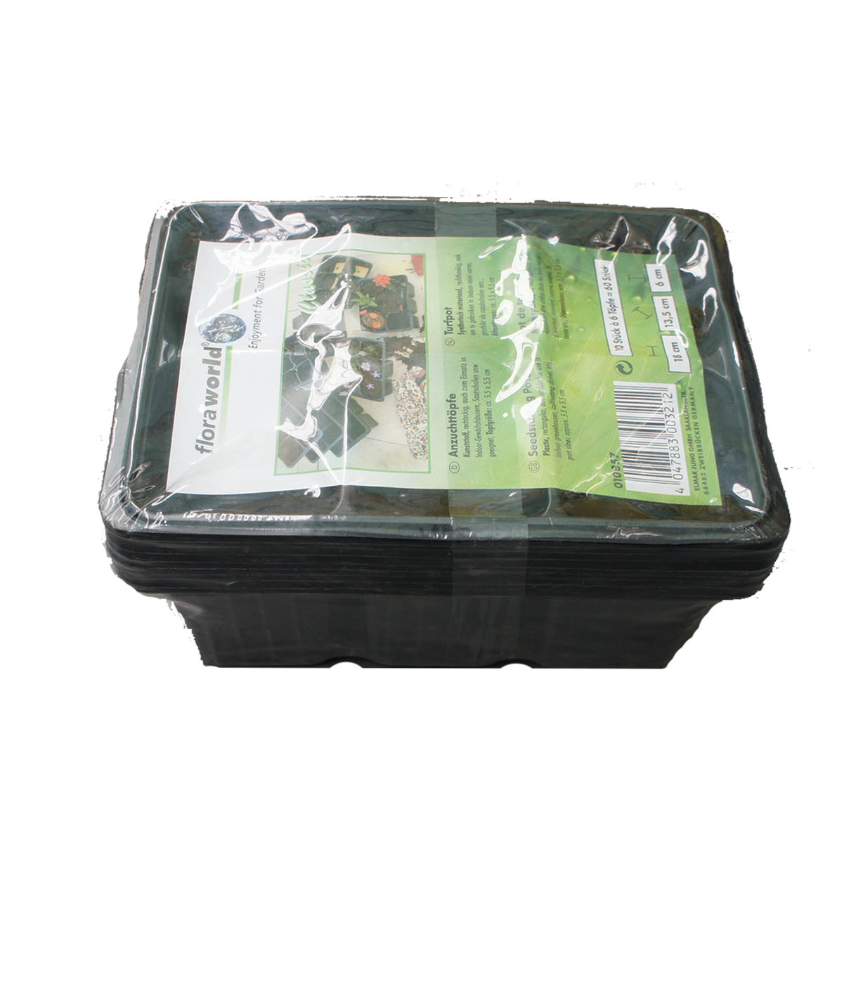 Stapel zwarte plastic kweektrays, elk met 6 potjes, verpakt in doorzichtig plastic.