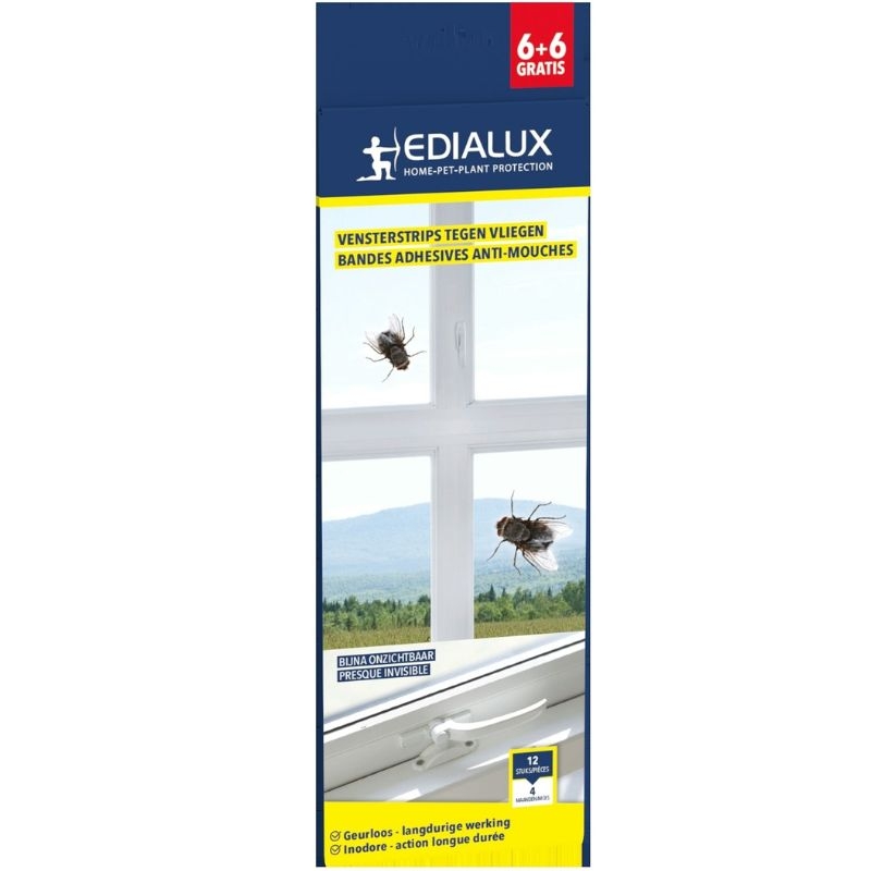Houd vliegen buiten met Edialux Vensterstrips! Deze effectieve strips lokken en doden vliegen gedurende 4 maanden zonder chemische geur.